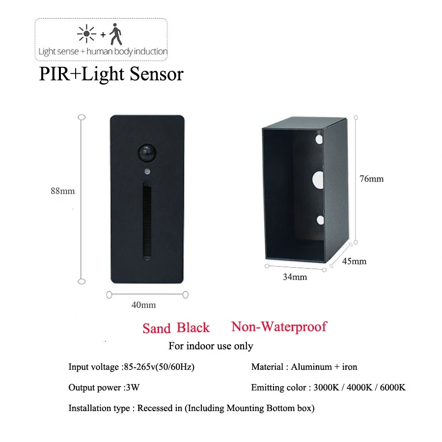 PIR Sensor Wall Lamp Embedded Step Light + Install Box Stairwell Nightlight For Home Ladder Hallway Footlight Sconce 3W Aluminum