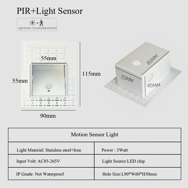Embedded White& Black Wall Lamp PIR Motion Sensor Stair Case Light AC85-265V For Home Step Corridor Aisle Indoor Footlight 3W