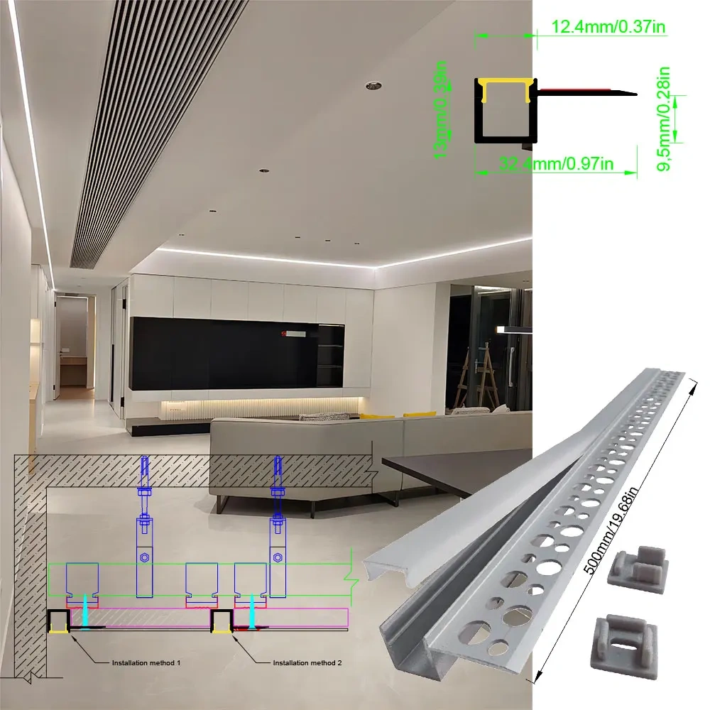 32×13 2PCS 0.5M LED Aluminum Profile Strip with Black Cover Embedded in Ceiling and Wall Commercial and Home Lighting