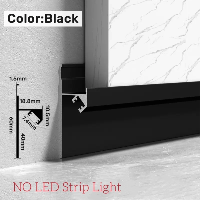 Black recessed LED baseboard profile for modern interior lighting