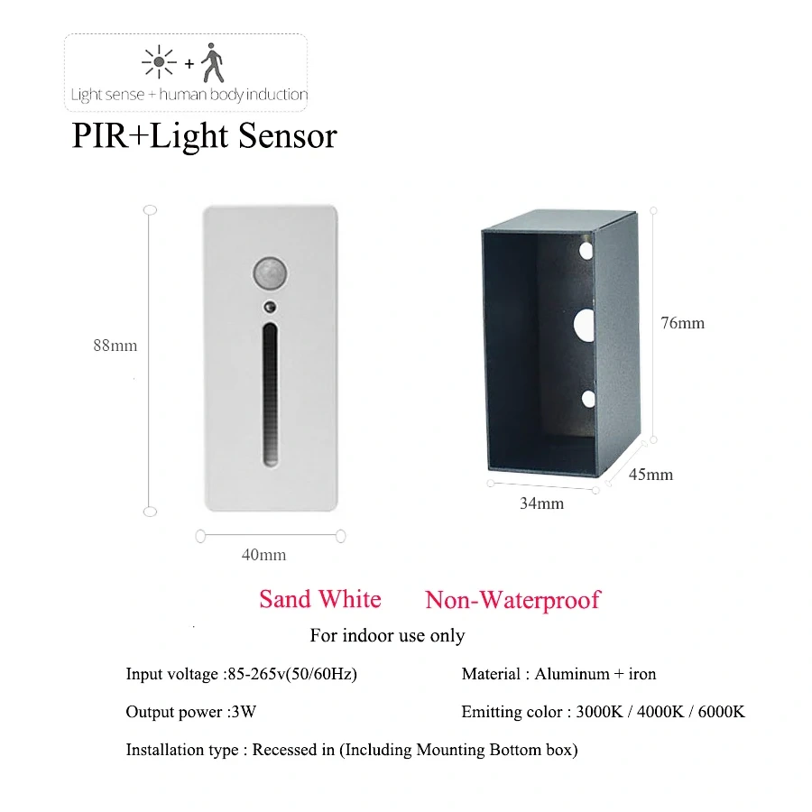 PIR Sensor Wall Lamp Embedded Step Light + Install Box Stairwell Nightlight For Home Ladder Hallway Footlight Sconce 3W Aluminum