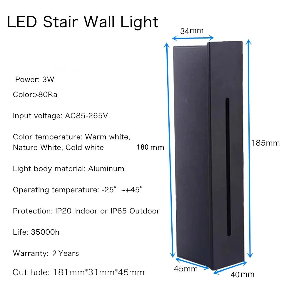 LED Recessed Wall Light Stair Light AC85-265V Indoor Staircase Light Wall Light 3W Stairase Step Stairway Hallway Night Light