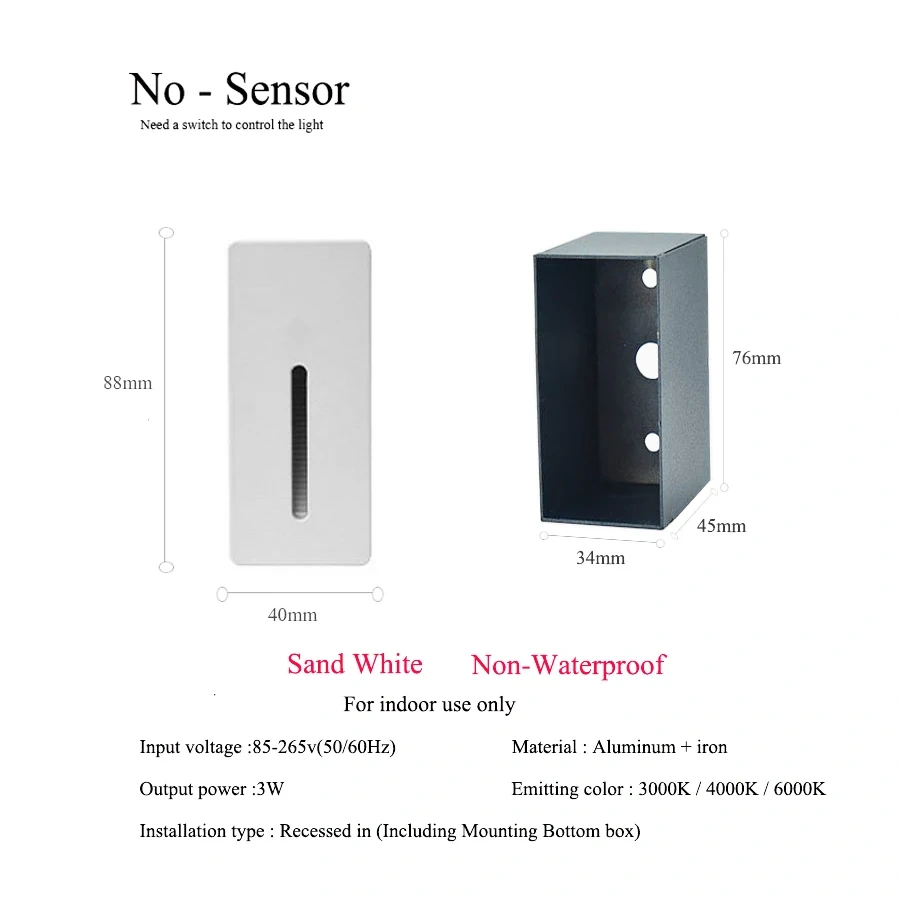 PIR Sensor Wall Lamp Embedded Step Light + Install Box Stairwell Nightlight For Home Ladder Hallway Footlight Sconce 3W Aluminum