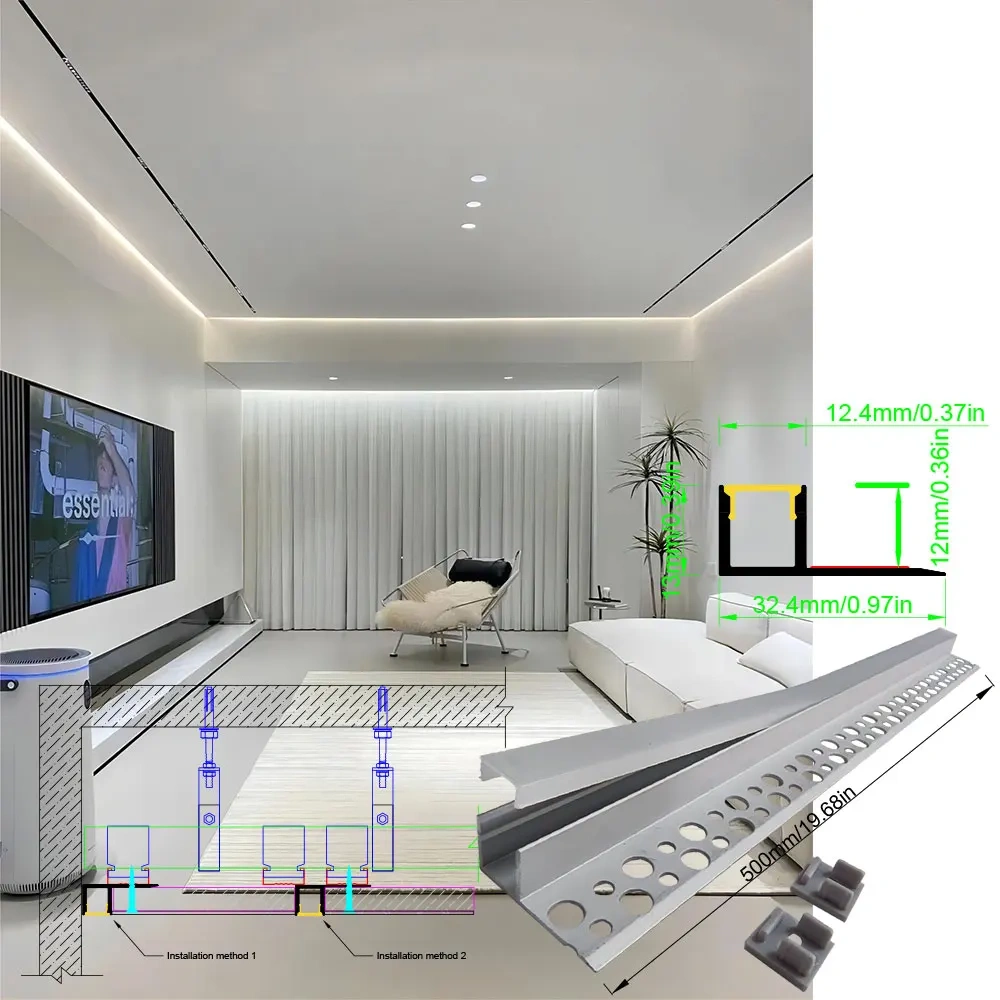 32×13 2PCS 0.5M LED Aluminum Profile Strip with Black Cover Embedded in Ceiling and Wall Commercial and Home Lighting