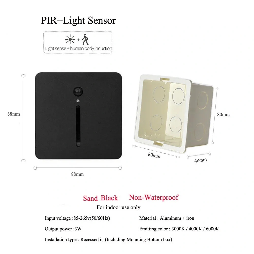PIR Sensor Wall Lamp Embedded Step Light + Install Box Stairwell Nightlight For Home Ladder Hallway Footlight Sconce 3W Aluminum