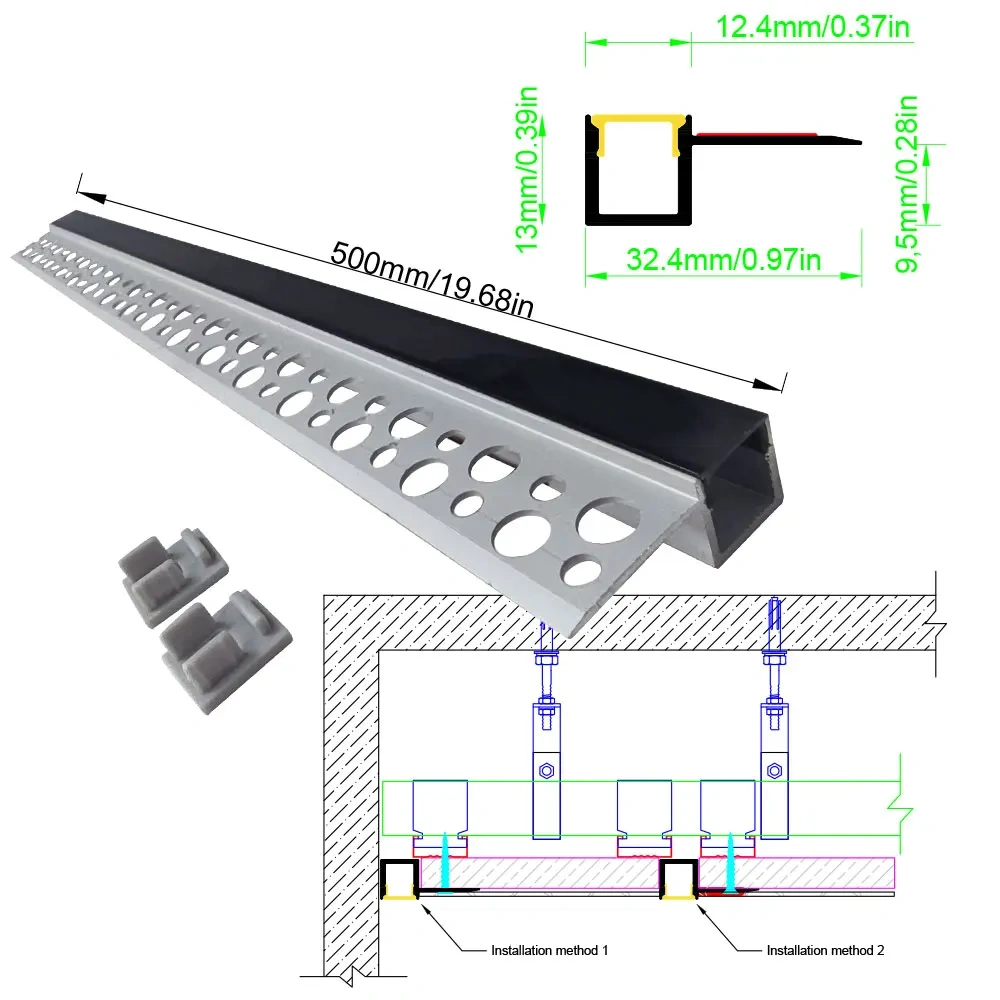 32×13 2PCS 0.5M LED Aluminum Profile Strip with Black Cover Embedded in Ceiling and Wall Commercial and Home Lighting