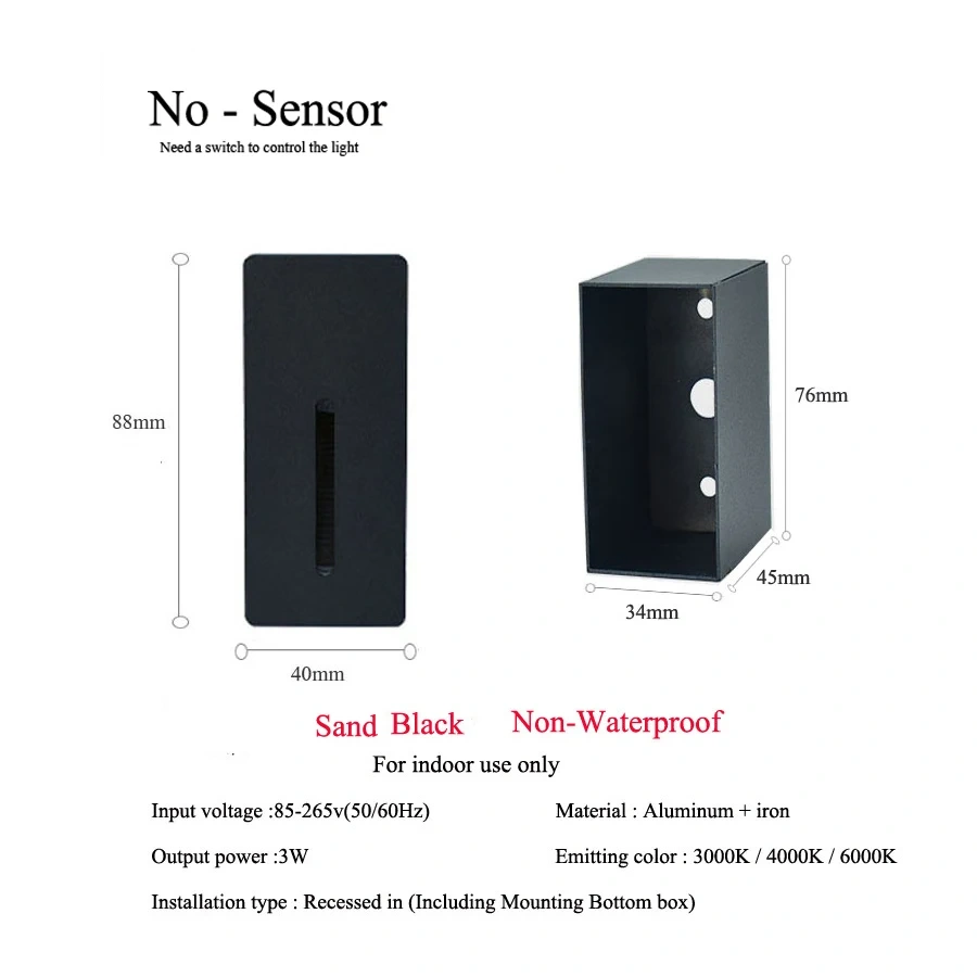 PIR Sensor Wall Lamp Embedded Step Light + Install Box Stairwell Nightlight For Home Ladder Hallway Footlight Sconce 3W Aluminum