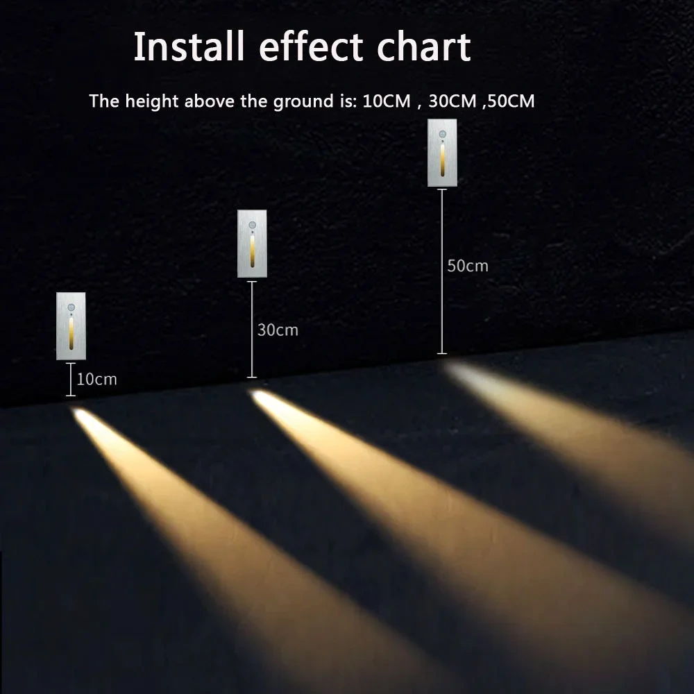 PIR Sensor Wall Lamp Embedded Step Light + Install Box Stairwell Nightlight For Home Ladder Hallway Footlight Sconce 3W Aluminum