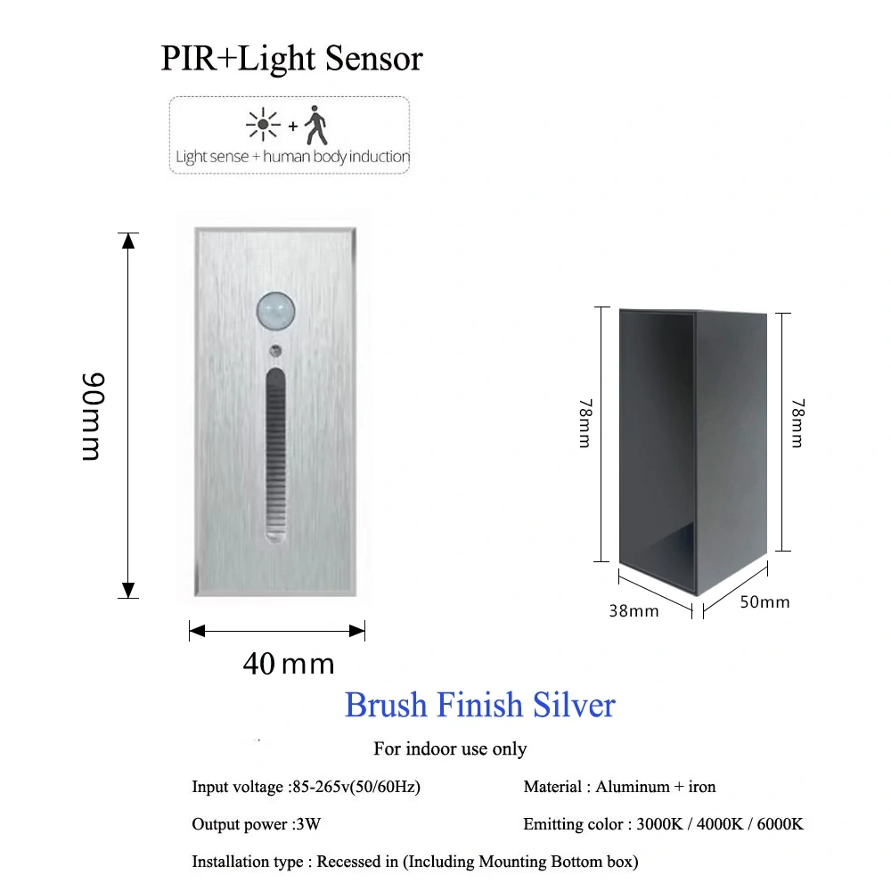 PIR Sensor Wall Lamp Embedded Step Light + Install Box Stairwell Nightlight For Home Ladder Hallway Footlight Sconce 3W Aluminum