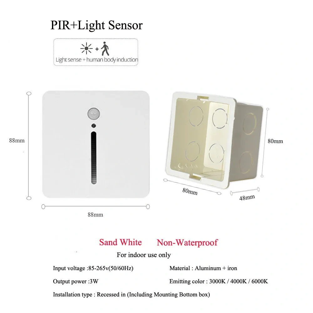 PIR Sensor Wall Lamp Embedded Step Light + Install Box Stairwell Nightlight For Home Ladder Hallway Footlight Sconce 3W Aluminum