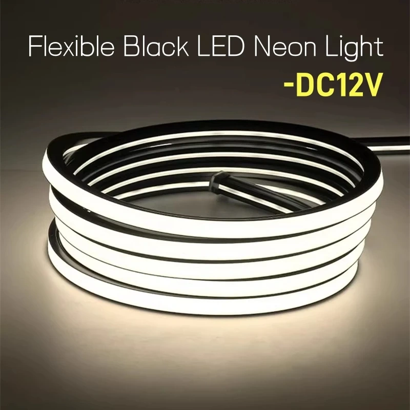 1-5m Black Silicone Tube LED Neon Light DC12V Flexible Recessed Diffuser Channel Waterproof Wall Ceiling Ribbon Rope Strip Light