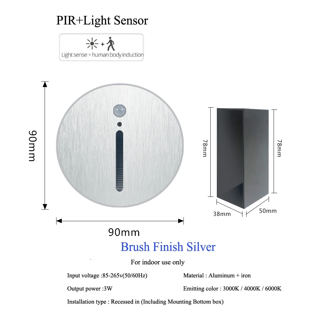 PIR Sensor Wall Lamp Embedded Step Light + Install Box Stairwell Nightlight For Home Ladder Hallway Footlight Sconce 3W Aluminum