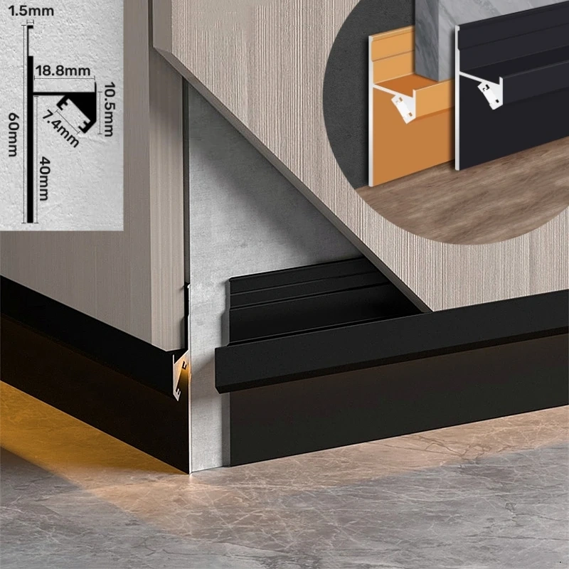 H60mm recessed LED aluminum skirting profile installed along an interior wall