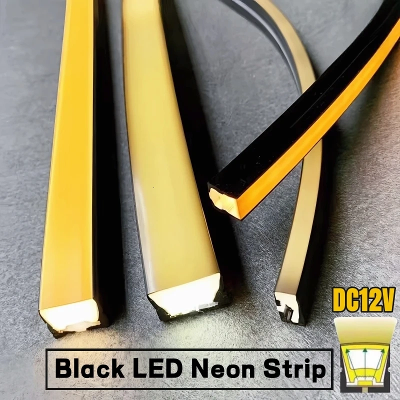 1-5m Black Silicone Tube LED Neon Light DC12V Flexible Recessed Diffuser Channel Waterproof Wall Ceiling Ribbon Rope Strip Light