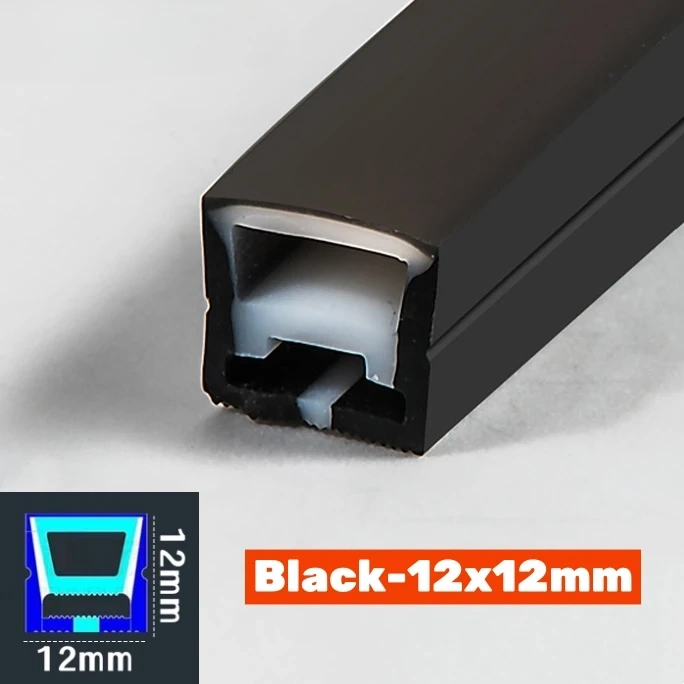 1-5m Black Silicone Tube LED Neon Light DC12V Flexible Recessed Diffuser Channel Waterproof Wall Ceiling Ribbon Rope Strip Light