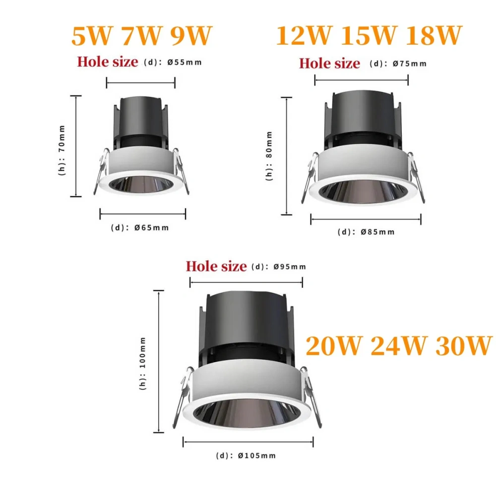 Recessed Anti-glare LED COB Spotlight 5W 7W 9W 12W 15W 18W 24W  Dimmable 85-265V Ceiling Downlight For Foyer Study Shop lighting