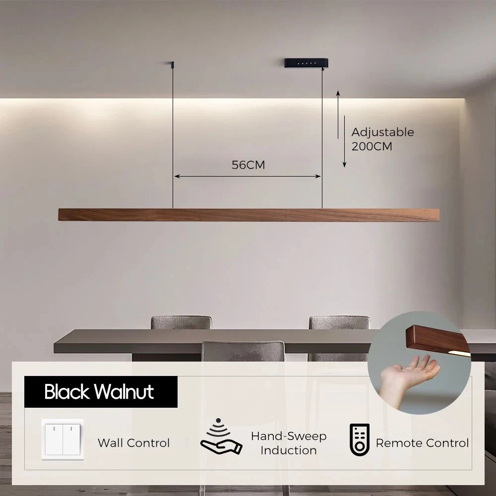 LED Hand Sweep Sensor Pendant Light Black Walnut Wood Modern Hanging Lamps for Dining Living Room Kitchen Office Celling Lamp