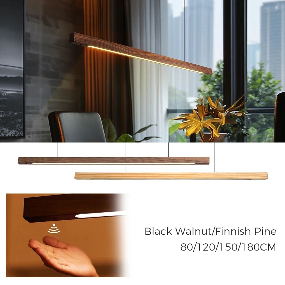 LED Hand Sweep Sensor Pendant Light Black Walnut Wood Modern Hanging Lamps for Dining Living Room Kitchen Office Celling Lamp