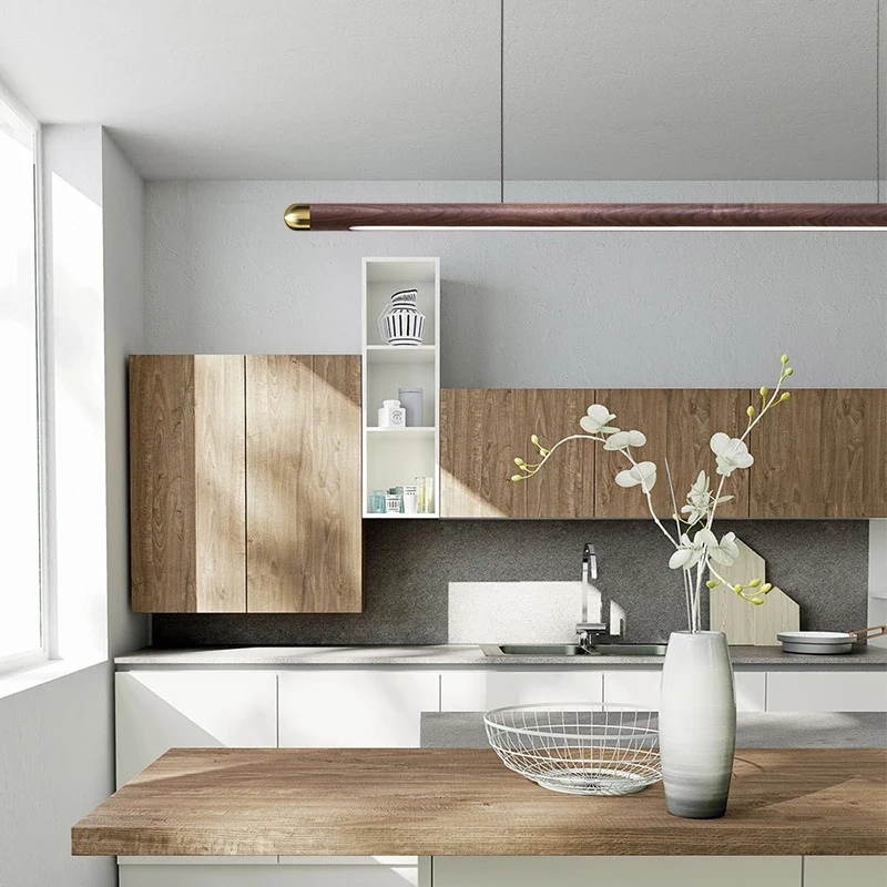 Wooden Pendant Light LED Copper Circular Linear Chandelier Table Strip Pendant Lamp For Kitchen Office Home Lighting Fixture