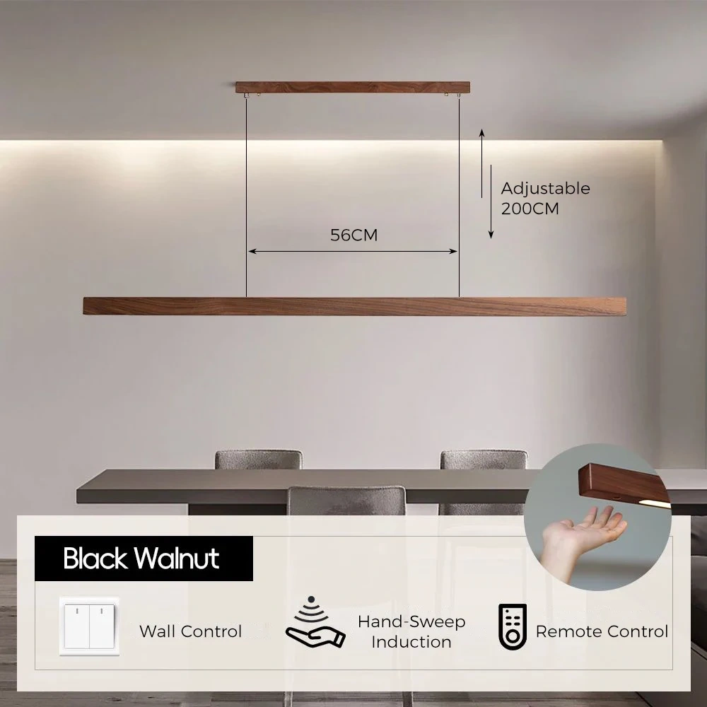 LED Hand Sweep Sensor Pendant Light Black Walnut Wood Modern Hanging Lamps for Dining Living Room Kitchen Office Celling Lamp