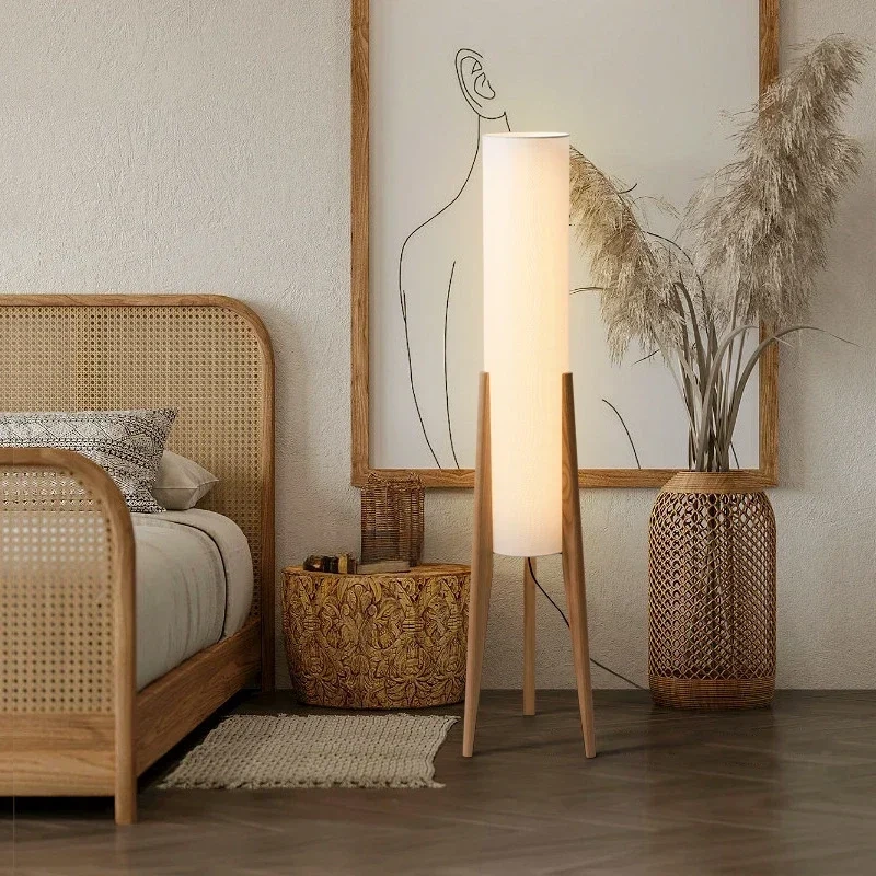 Solid Wood Floor Lamp Nordic Art Simple Modern Lamp Shade Fabri Bedroom Living Room Decor Reading Restaurant Living Room Standin
