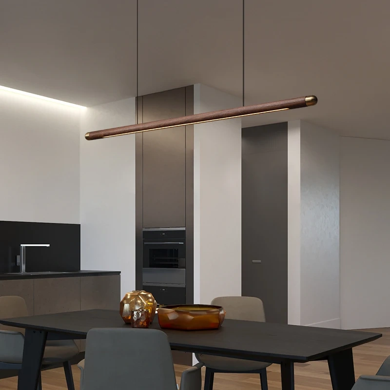 Wooden Pendant Light LED Copper Circular Linear Chandelier Table Strip Pendant Lamp For Kitchen Office Home Lighting Fixture