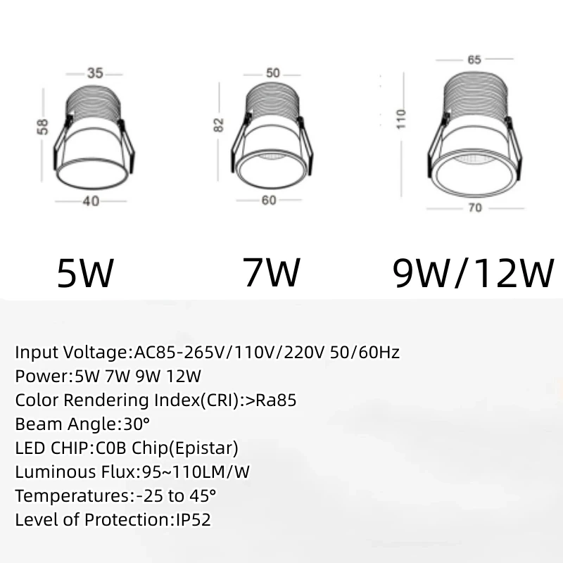 Dimmable Recessed Anti Glare COB LED Downlights 5W 7W 9W 12W LED Ceiling Lamps LED Ceiling Spot Lights Indoor Lighting AC85-220V