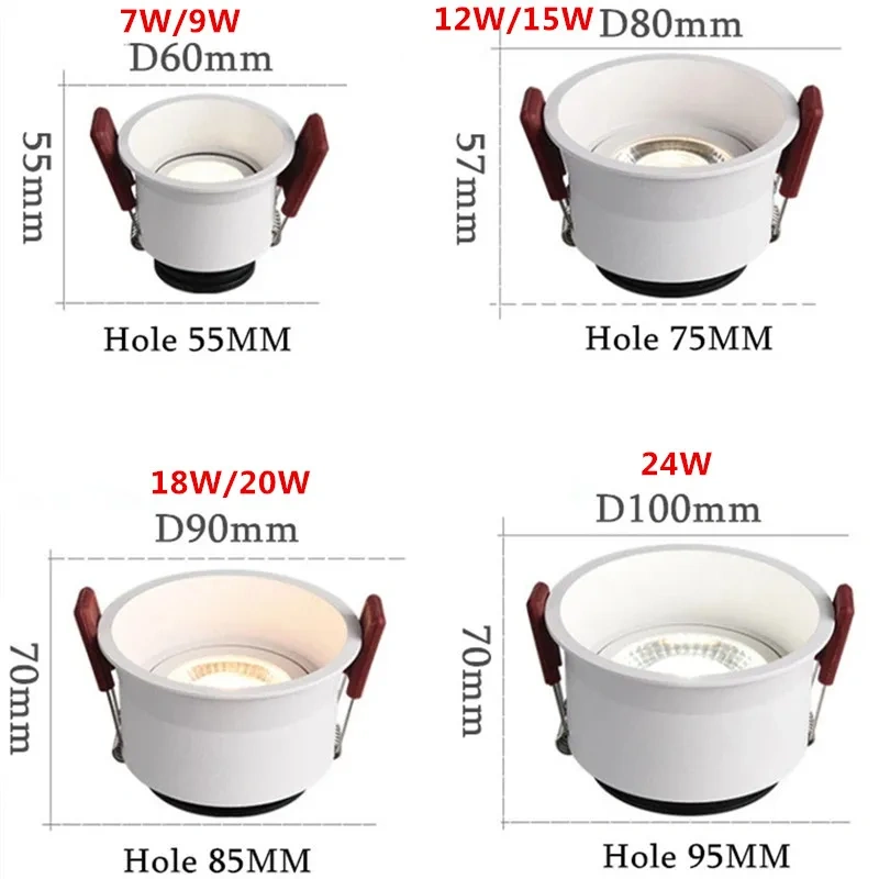 CRI 96 Recessed LED Downlight OSRAM Chip Anti Glare 7W9W12W15W18W20W24W Dimmable COB Ceiling Lamp Spot Lights AC90-260V For Home