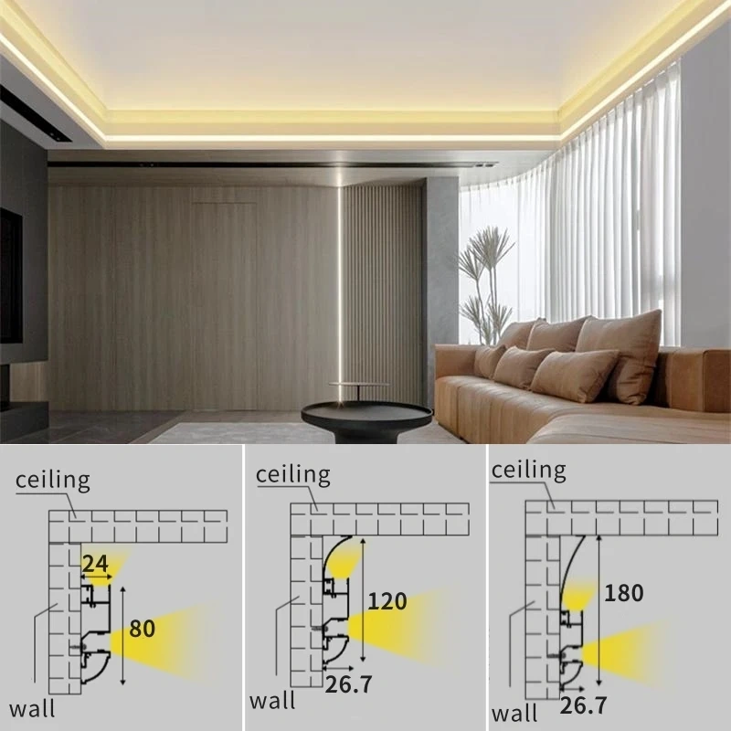 Up Down Glowing LED Aluminum Profile Ceiling Top Corner Channel Backlight Wall Washing Living Room Decor Linear Bar Strip Lights
