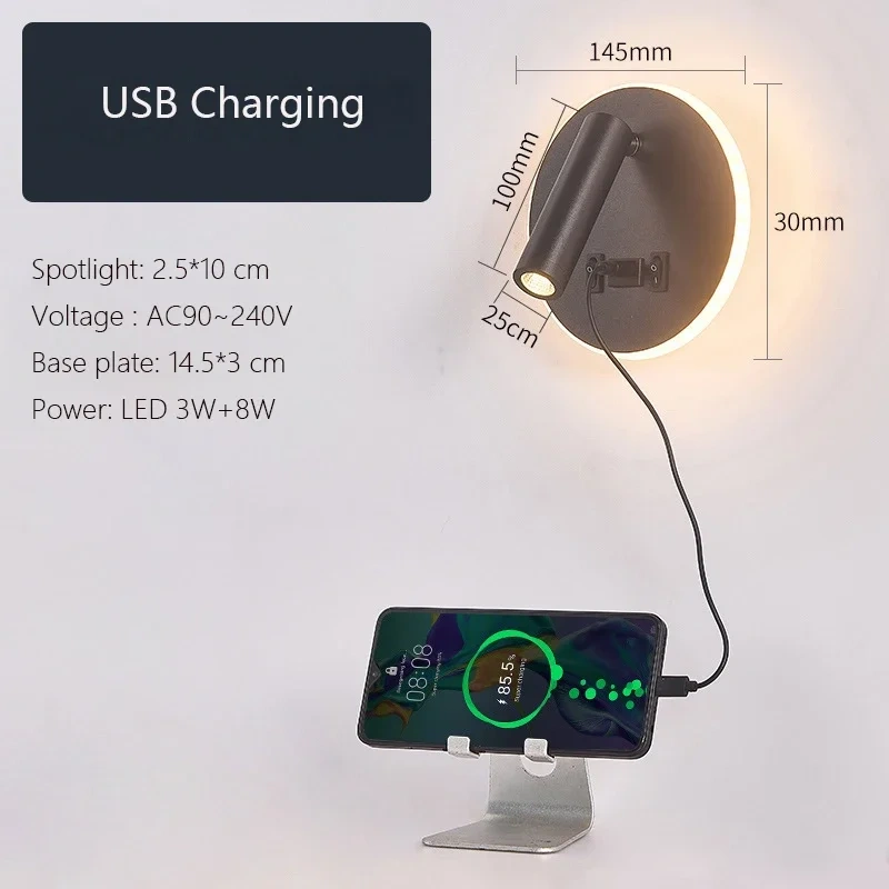 Modern Minimalist Led Wall Lamp USB Charging Indoor Bedroom Lamp Hotel Bedside Reading Lamp Wall Lights Sconce Switch AC 90~240V