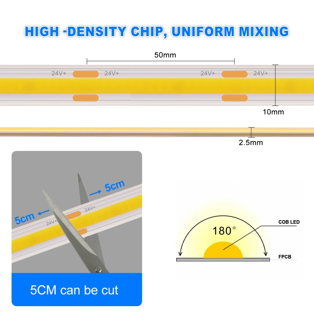 12V 24V COB LED Strip Flexible Tape Light 480Leds/m High Density Linear Lighting 3000K/4000K/6000K IP67 Waterproof Ribbon Diode