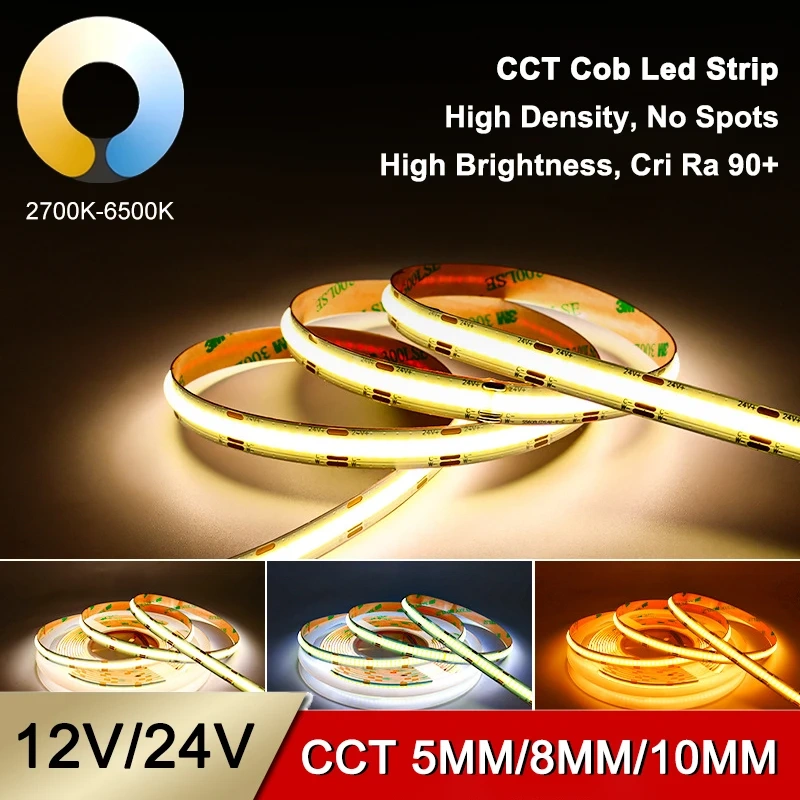 High Brightness 5M/Roll CCT 2700K To 6500K Cob Led Strip Dimmable 12V 24V Ra90 608leds 5MM 8MM 10MM CCT Led Strip Light