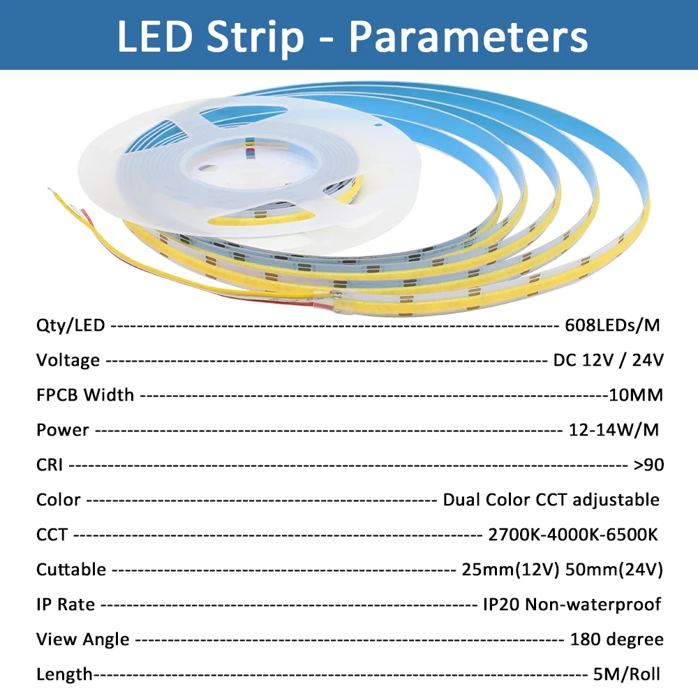 CCT COB LED Strip Lights High Density 608 LEDs/m Flexible Dimmable FOB Led Tape 2700K to 6500K Changeable LED Lighting DC12V 24V