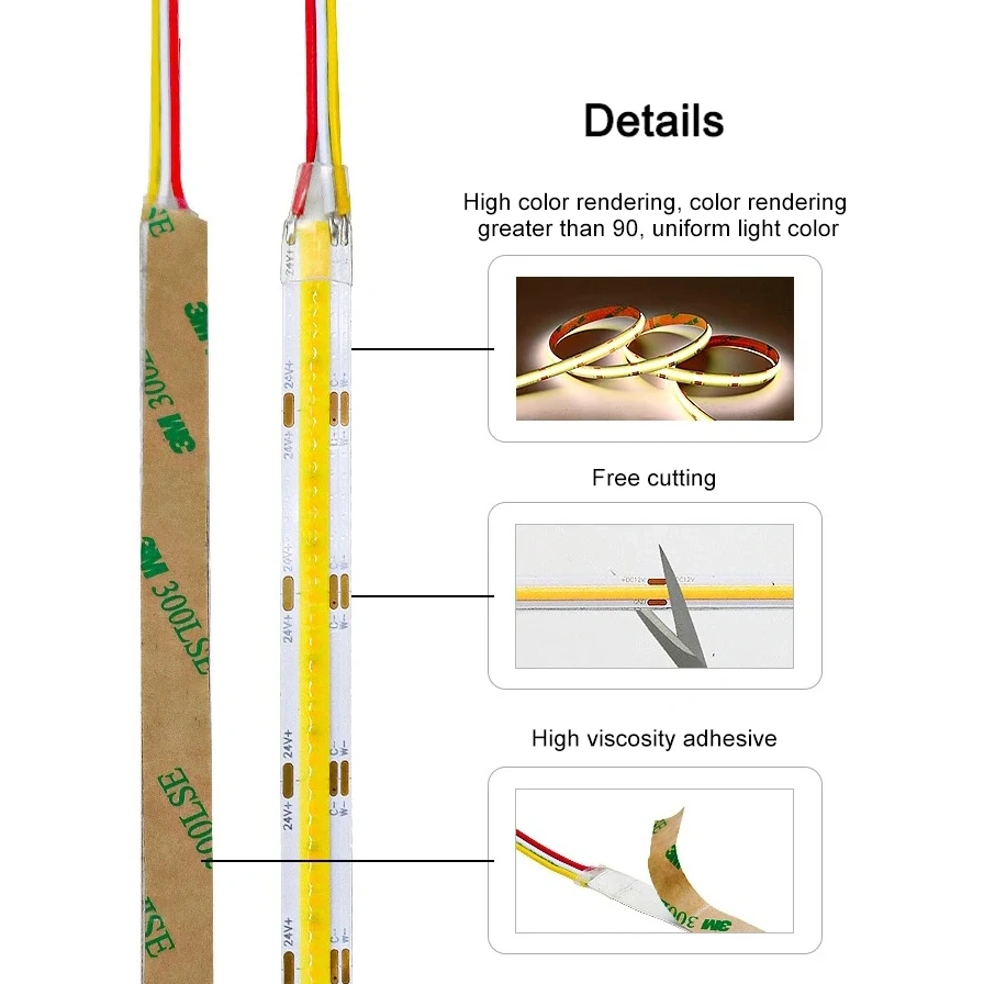 High Brightness 5M/Roll CCT 2700K To 6500K Cob Led Strip Dimmable 12V 24V Ra90 608leds 5MM 8MM 10MM CCT Led Strip Light