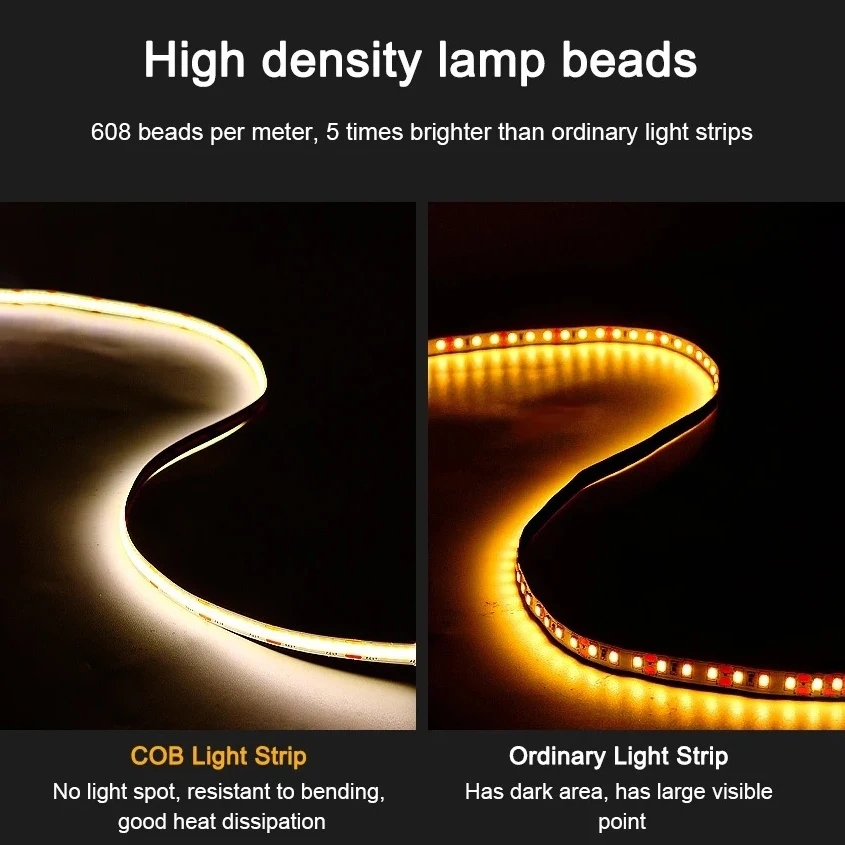High Brightness 5M/Roll CCT 2700K To 6500K Cob Led Strip Dimmable 12V 24V Ra90 608leds 5MM 8MM 10MM CCT Led Strip Light