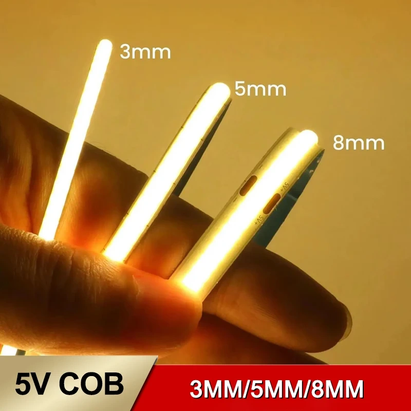 High Cri Ra90 5M/Roll Dotless Flexible Cuttable Dc 5v Cob Led Strip Light 3mm 5mm 8mm Flex Fob Cob Led Strip