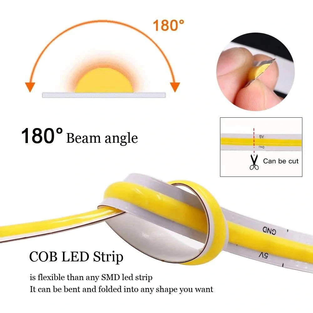 High Cri Ra90 5M/Roll Dotless Flexible Cuttable Dc 5v Cob Led Strip Light 3mm 5mm 8mm Flex Fob Cob Led Strip