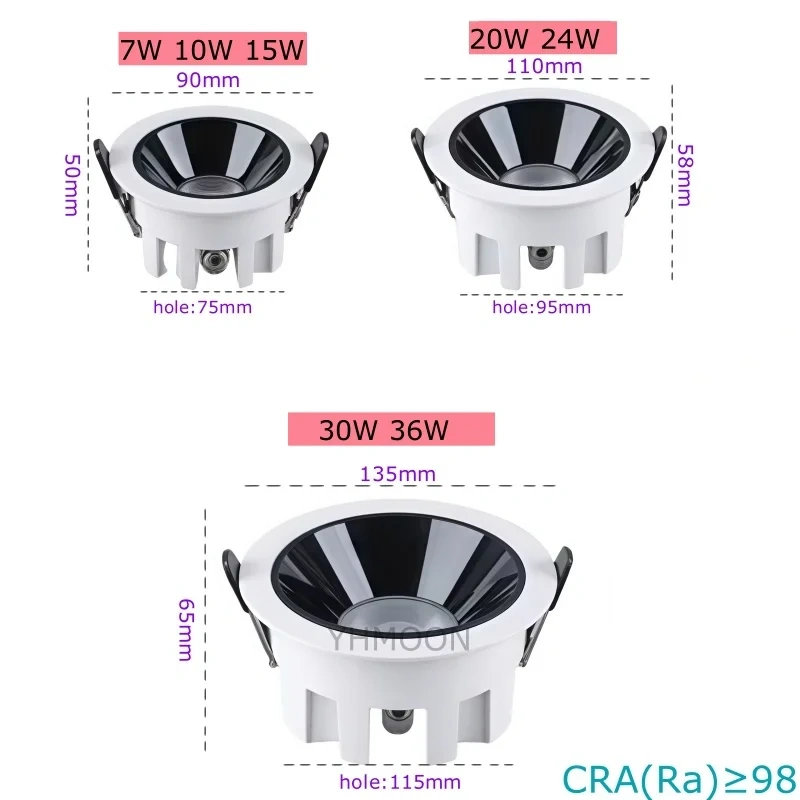 IP65 Waterproof Embedded CRI98 Dimmable Spotlight AC110-220V Bathroom Kitchen 7W10W15W20W24W30W Ceiling Downlight LED Anti Glare