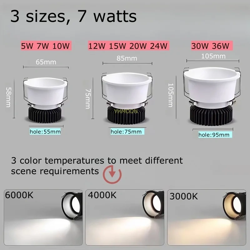 Narrow Border Adjustable Dimmable Embedded LED Spotlight AC110-220V Anti Glare 5W7W12W15W20W30W Ceiling Downlight Home commercia