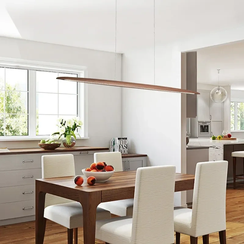 Modern Wooden Pendant Light LED Long Linear Hanging Lamp for Kitchen Island Office Bar Dining Living Room Lighting