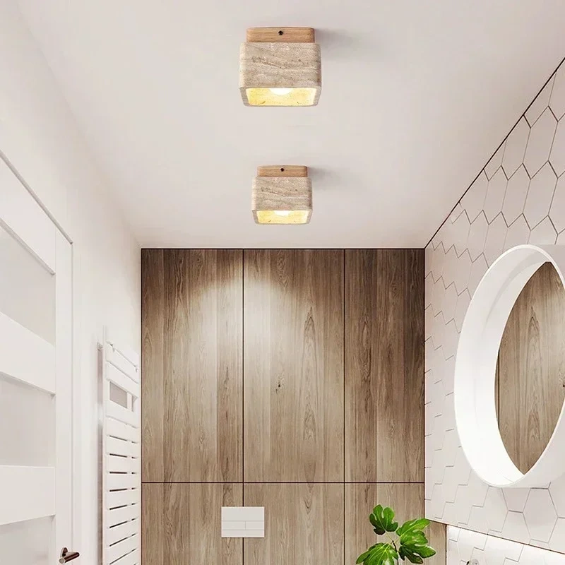 Square Stone Travertine Ceiling Lamp for Bedroom Corridor Foyer Hallway Staircase Walnut Wood Ceiling Indoor Lighting Fixture
