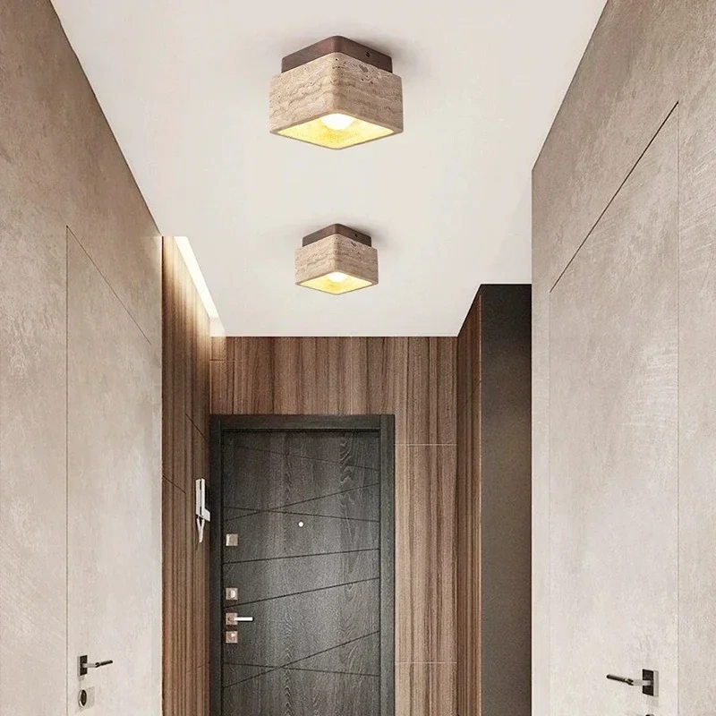 Square Stone Travertine Ceiling Lamp for Bedroom Corridor Foyer Hallway Staircase Walnut Wood Ceiling Indoor Lighting Fixture