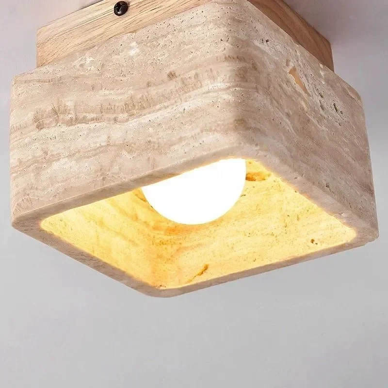 Square Stone Travertine Ceiling Lamp for Bedroom Corridor Foyer Hallway Staircase Walnut Wood Ceiling Indoor Lighting Fixture
