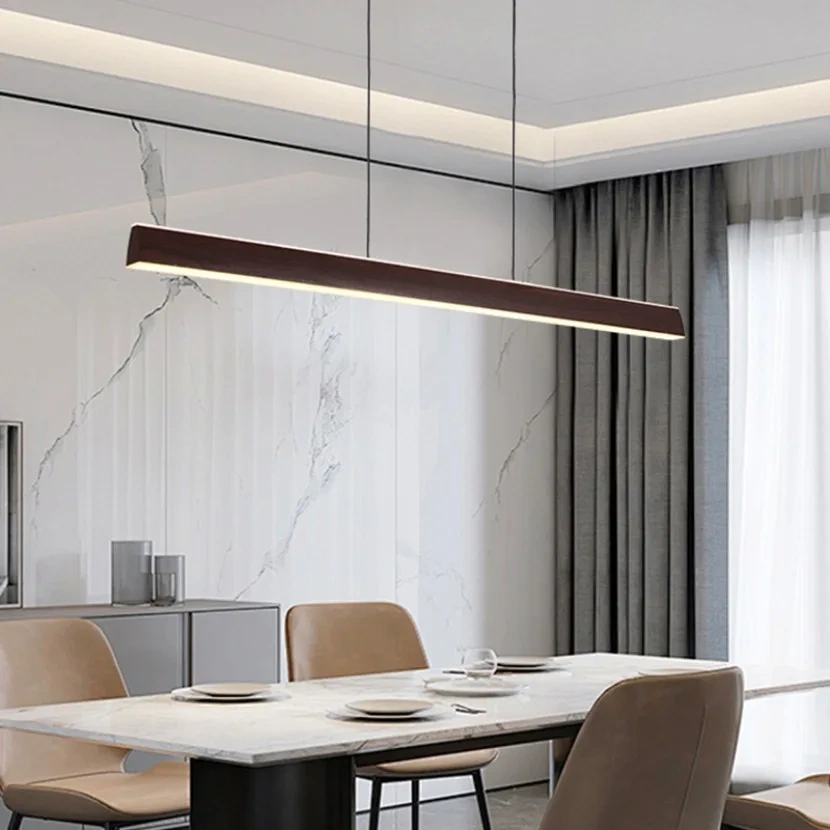 Modern Walnut Wood Long Bar Pendant Lights Dining Room Kitchen Island Adjustable Height Hanging Light Living Room Droplight