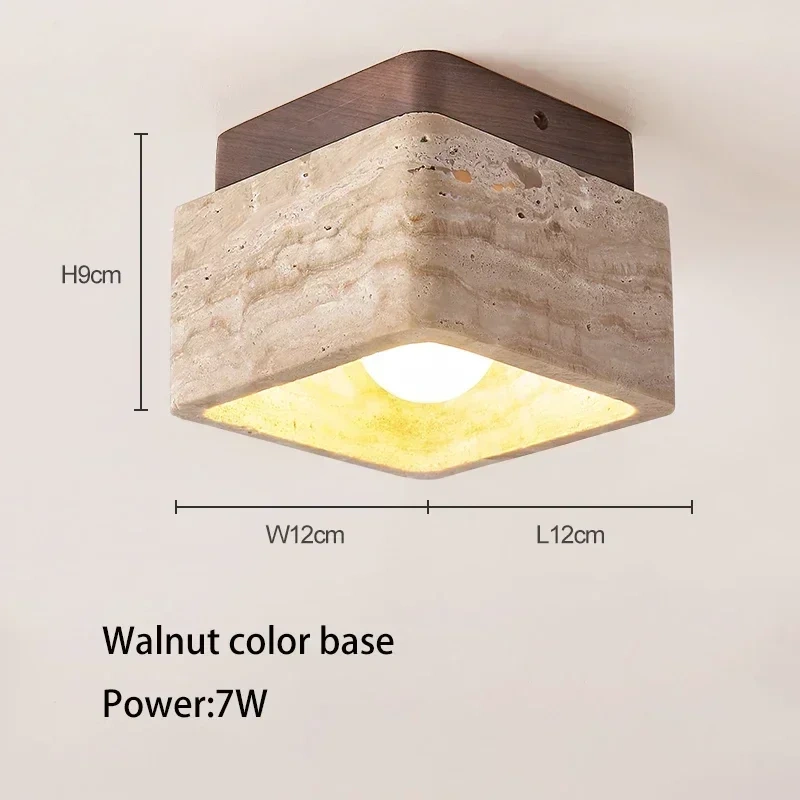 Square Stone Travertine Ceiling Lamp for Bedroom Corridor Foyer Hallway Staircase Walnut Wood Ceiling Indoor Lighting Fixture
