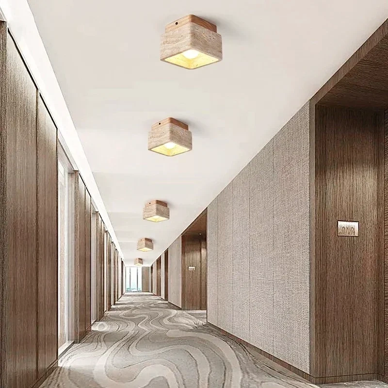 Square Stone Travertine Ceiling Lamp for Bedroom Corridor Foyer Hallway Staircase Walnut Wood Ceiling Indoor Lighting Fixture