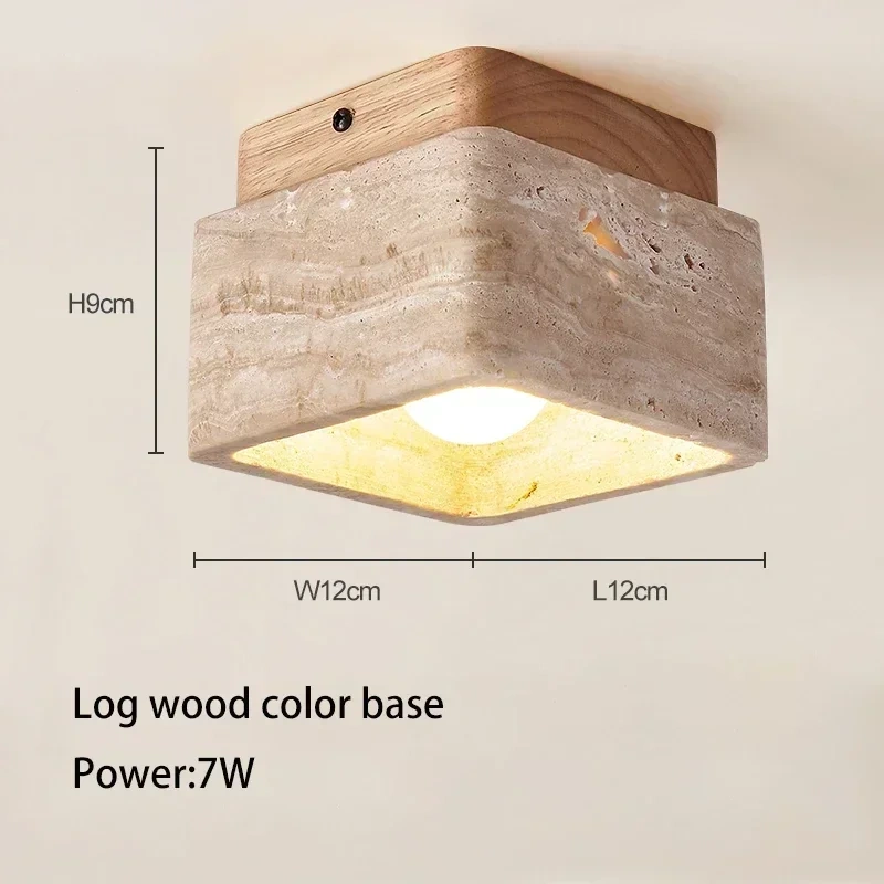 Square Stone Travertine Ceiling Lamp for Bedroom Corridor Foyer Hallway Staircase Walnut Wood Ceiling Indoor Lighting Fixture