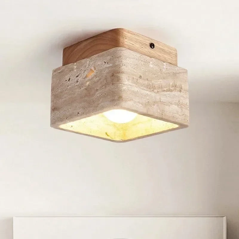 Square Stone Travertine Ceiling Lamp for Bedroom Corridor Foyer Hallway Staircase Walnut Wood Ceiling Indoor Lighting Fixture