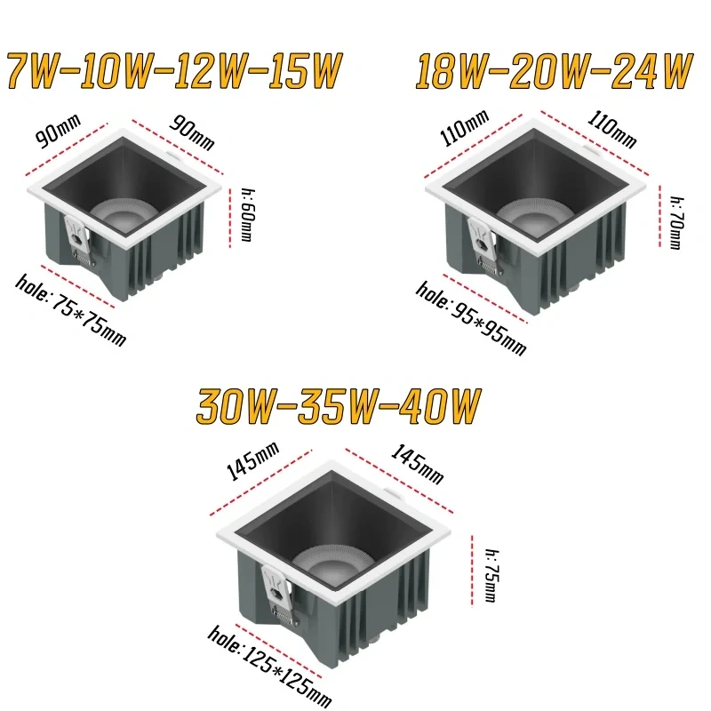 Recessed square Anti-glare COB spotlights IP65 waterproof 40W LED Downlights AC85-265V Suitable for bathroom, kitchen, balcony