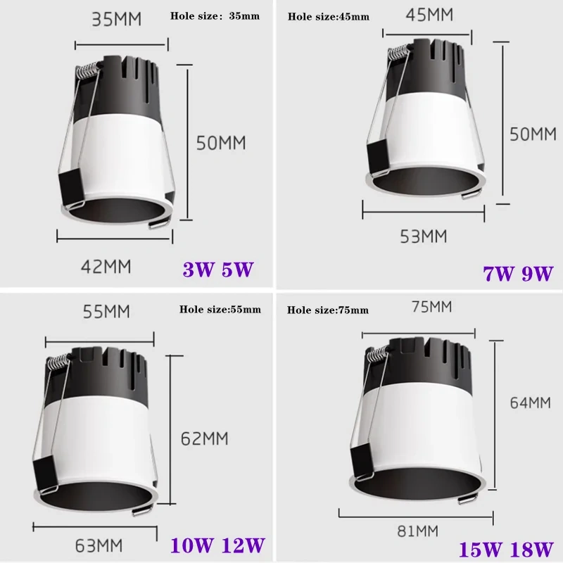 Mini Anti-glare LED COB Spotlight 3W 5W 7W 10W 12W 15W Dimmable LED Downlight 18W 110V 220V Ceiling lamp For Indoor lighting